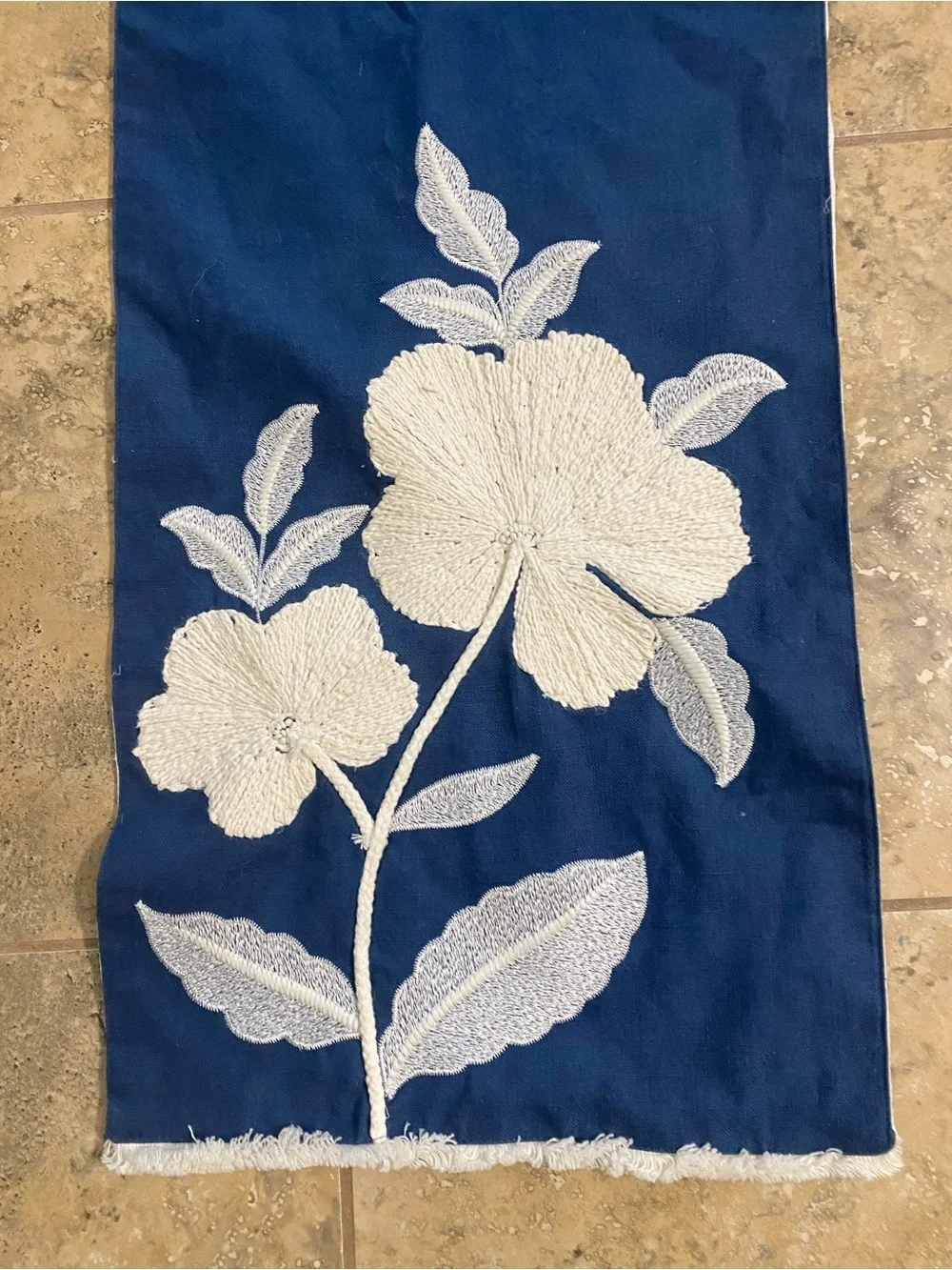 Pier 1 Royal Blue White Floral Embroidered Fringe Elegant 72”Table Runner